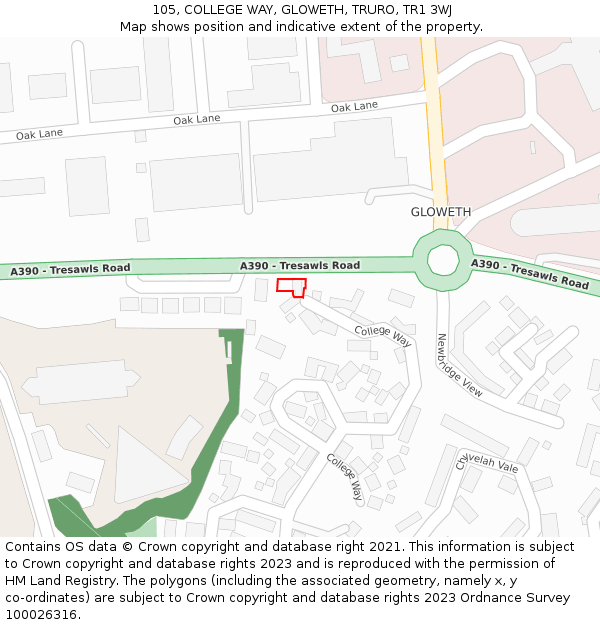 105, COLLEGE WAY, GLOWETH, TRURO, TR1 3WJ: Location map and indicative extent of plot