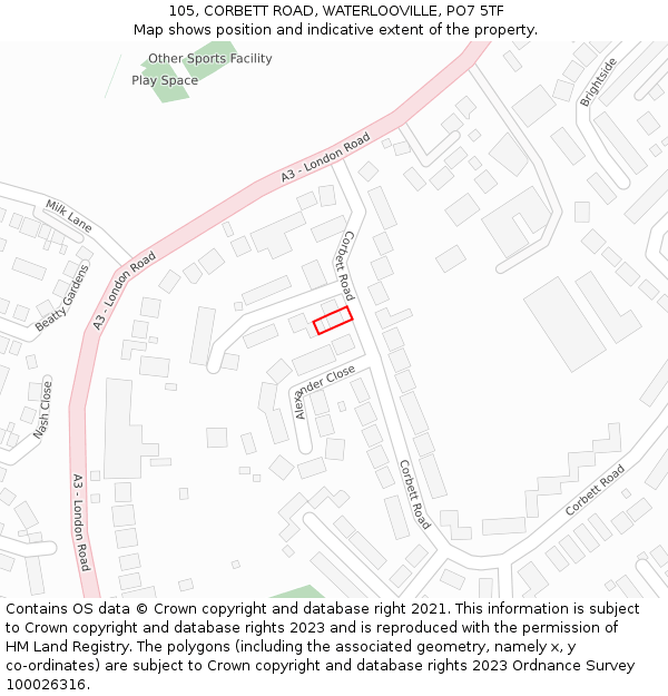 105, CORBETT ROAD, WATERLOOVILLE, PO7 5TF: Location map and indicative extent of plot