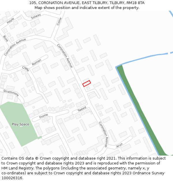 105, CORONATION AVENUE, EAST TILBURY, TILBURY, RM18 8TA: Location map and indicative extent of plot