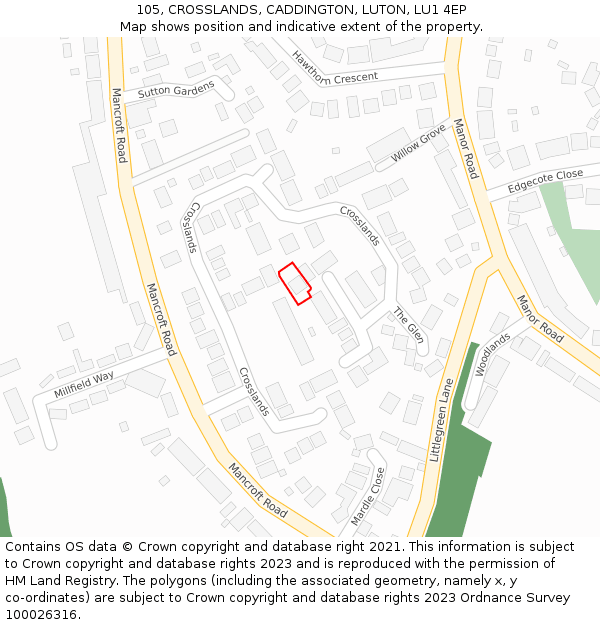 105, CROSSLANDS, CADDINGTON, LUTON, LU1 4EP: Location map and indicative extent of plot