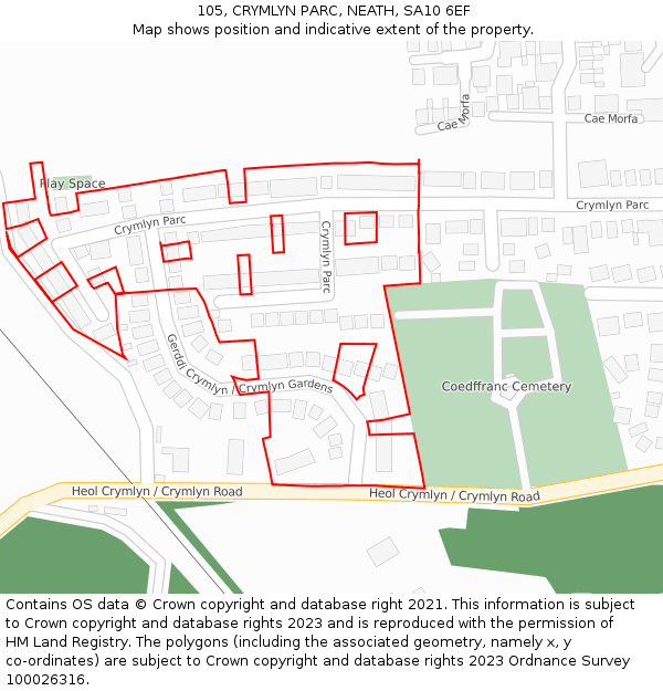 105, CRYMLYN PARC, NEATH, SA10 6EF: Location map and indicative extent of plot