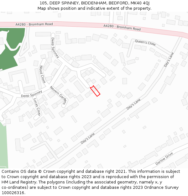 105, DEEP SPINNEY, BIDDENHAM, BEDFORD, MK40 4QJ: Location map and indicative extent of plot