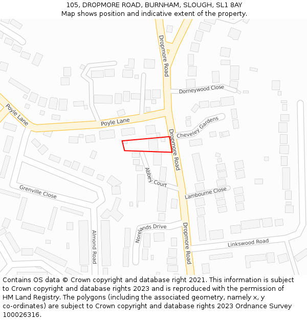 105, DROPMORE ROAD, BURNHAM, SLOUGH, SL1 8AY: Location map and indicative extent of plot