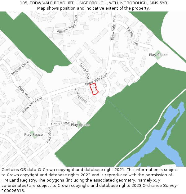 105, EBBW VALE ROAD, IRTHLINGBOROUGH, WELLINGBOROUGH, NN9 5YB: Location map and indicative extent of plot