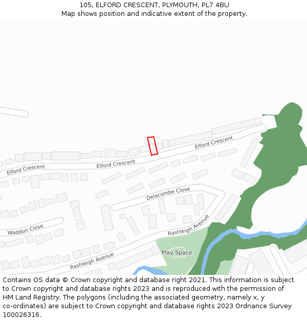 105, ELFORD CRESCENT, PLYMOUTH, PL7 4BU: Location map and indicative extent of plot