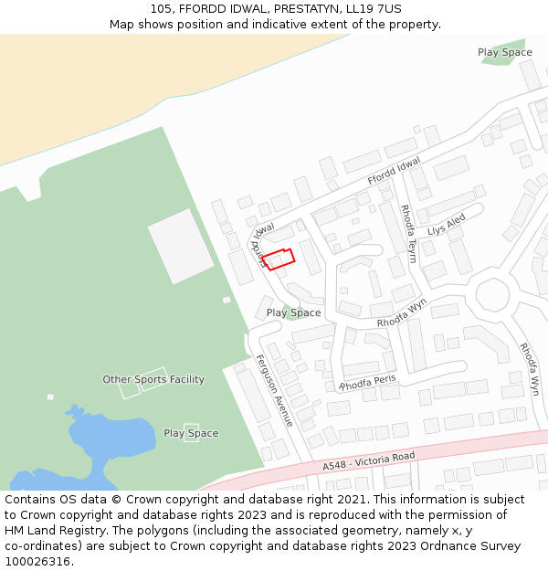 105, FFORDD IDWAL, PRESTATYN, LL19 7US: Location map and indicative extent of plot