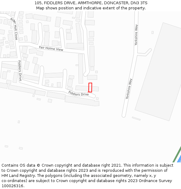 105, FIDDLERS DRIVE, ARMTHORPE, DONCASTER, DN3 3TS: Location map and indicative extent of plot