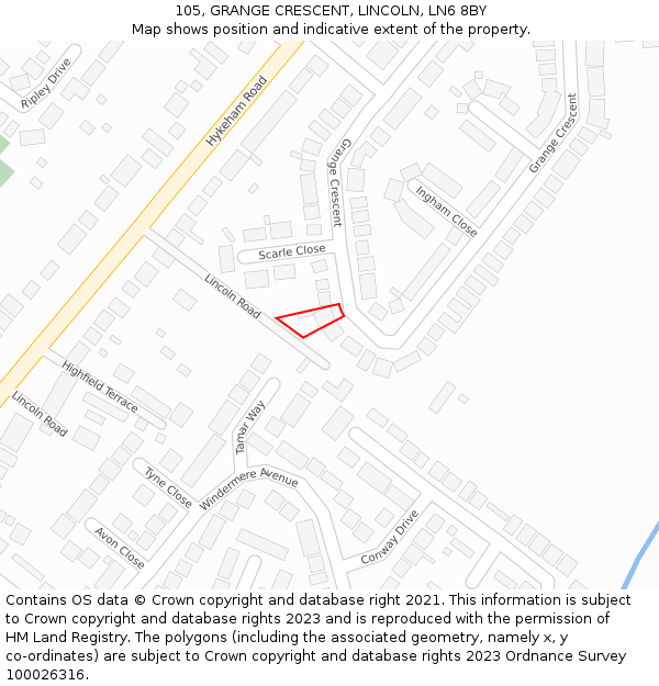 105, GRANGE CRESCENT, LINCOLN, LN6 8BY: Location map and indicative extent of plot