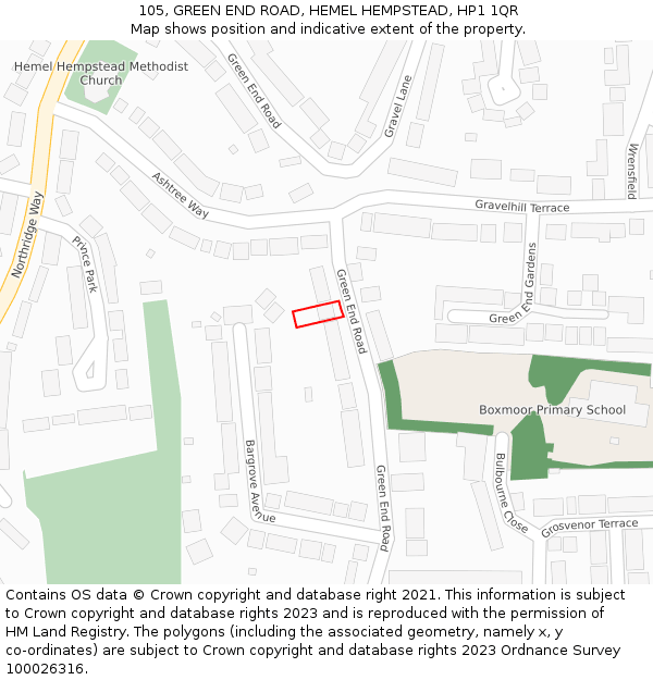 105, GREEN END ROAD, HEMEL HEMPSTEAD, HP1 1QR: Location map and indicative extent of plot