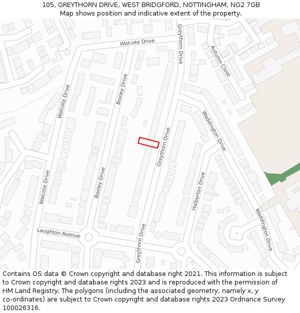 105, GREYTHORN DRIVE, WEST BRIDGFORD, NOTTINGHAM, NG2 7GB: Location map and indicative extent of plot