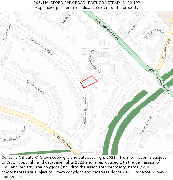 105, HALSFORD PARK ROAD, EAST GRINSTEAD, RH19 1PR: Location map and indicative extent of plot