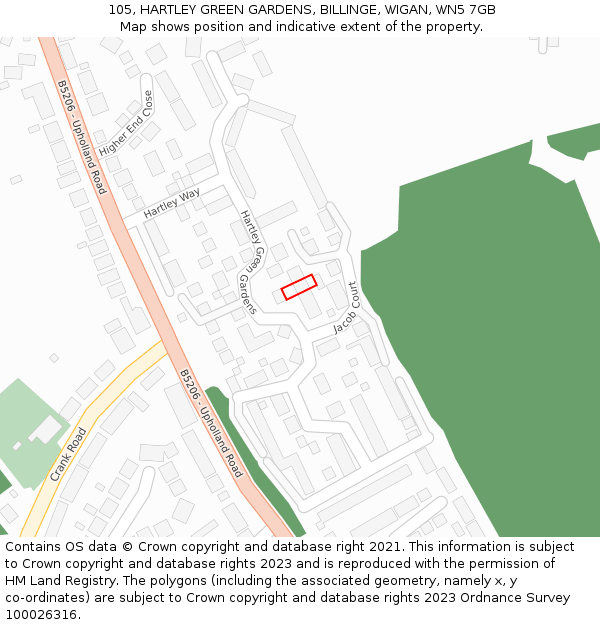 105, HARTLEY GREEN GARDENS, BILLINGE, WIGAN, WN5 7GB: Location map and indicative extent of plot