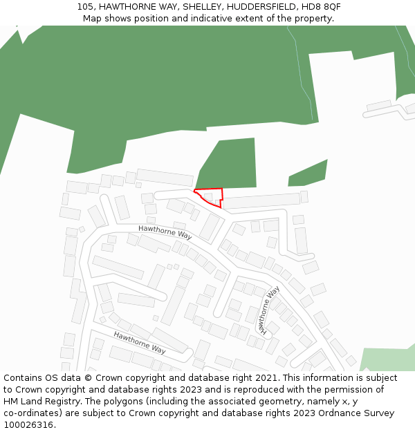 105, HAWTHORNE WAY, SHELLEY, HUDDERSFIELD, HD8 8QF: Location map and indicative extent of plot