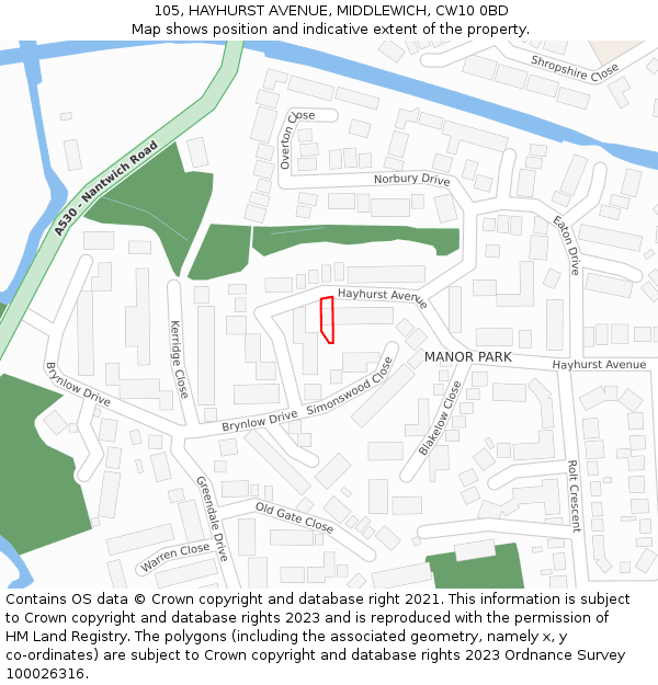 105, HAYHURST AVENUE, MIDDLEWICH, CW10 0BD: Location map and indicative extent of plot