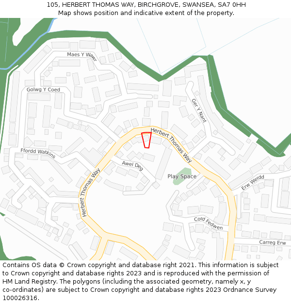 105, HERBERT THOMAS WAY, BIRCHGROVE, SWANSEA, SA7 0HH: Location map and indicative extent of plot