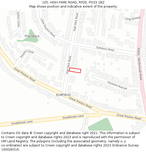 105, HIGH PARK ROAD, RYDE, PO33 1BZ: Location map and indicative extent of plot