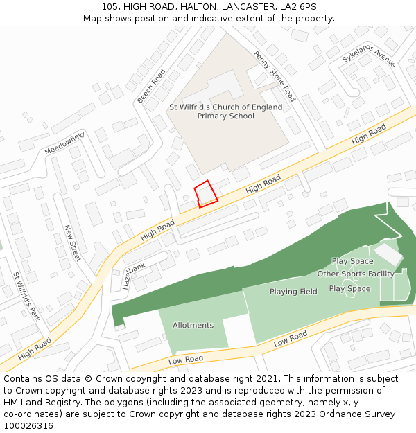 105, HIGH ROAD, HALTON, LANCASTER, LA2 6PS: Location map and indicative extent of plot