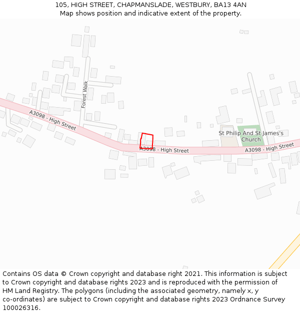 105, HIGH STREET, CHAPMANSLADE, WESTBURY, BA13 4AN: Location map and indicative extent of plot