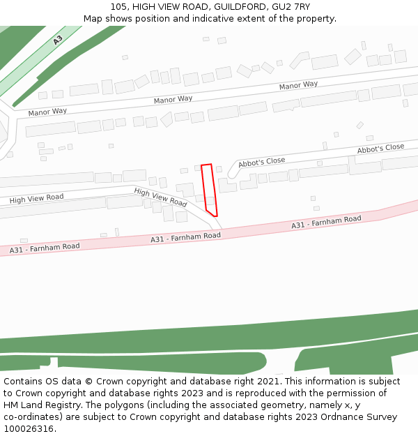 105, HIGH VIEW ROAD, GUILDFORD, GU2 7RY: Location map and indicative extent of plot