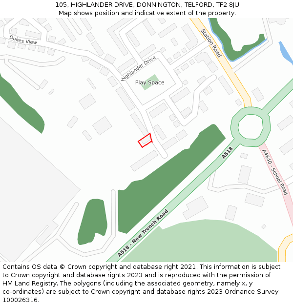 105, HIGHLANDER DRIVE, DONNINGTON, TELFORD, TF2 8JU: Location map and indicative extent of plot