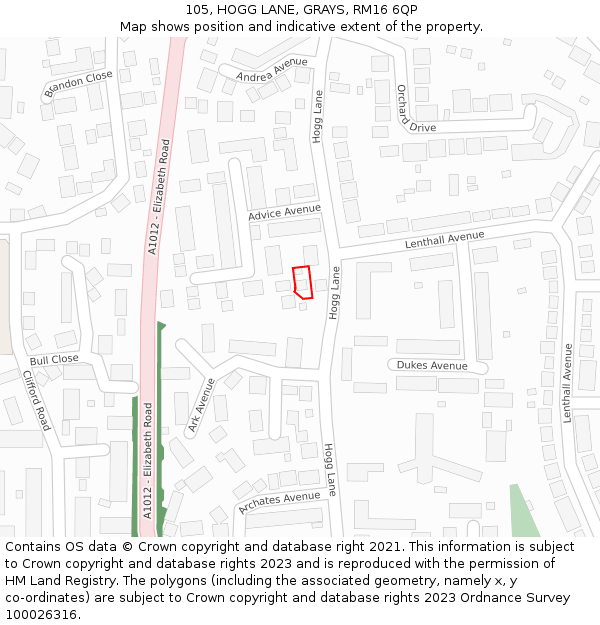 105, HOGG LANE, GRAYS, RM16 6QP: Location map and indicative extent of plot