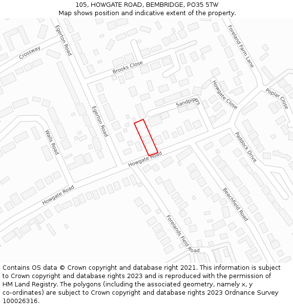 105, HOWGATE ROAD, BEMBRIDGE, PO35 5TW: Location map and indicative extent of plot