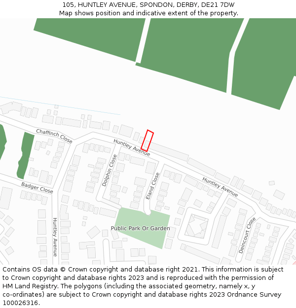 105, HUNTLEY AVENUE, SPONDON, DERBY, DE21 7DW: Location map and indicative extent of plot