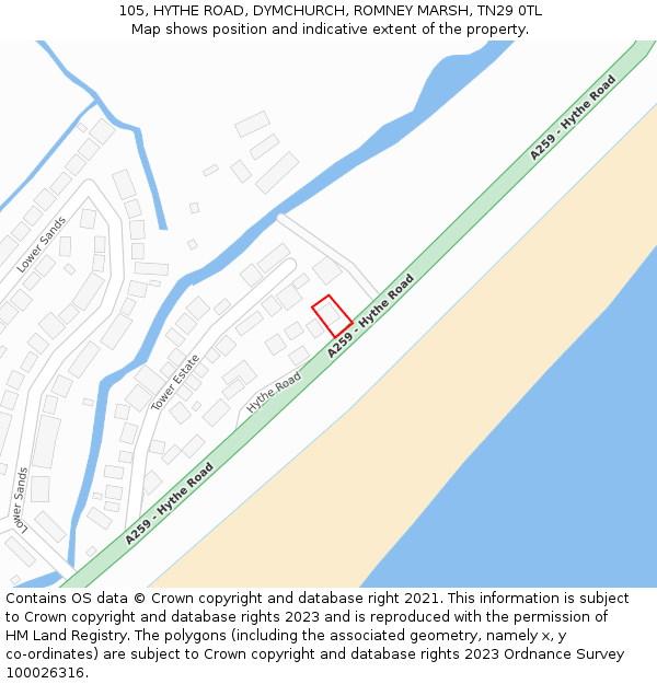 105, HYTHE ROAD, DYMCHURCH, ROMNEY MARSH, TN29 0TL: Location map and indicative extent of plot