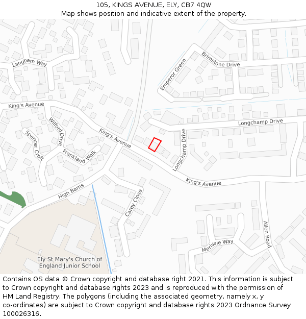 105, KINGS AVENUE, ELY, CB7 4QW: Location map and indicative extent of plot