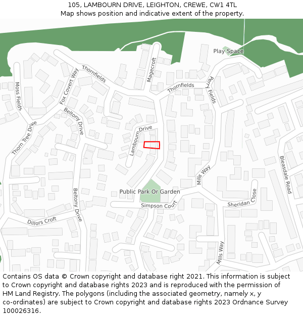 105, LAMBOURN DRIVE, LEIGHTON, CREWE, CW1 4TL: Location map and indicative extent of plot