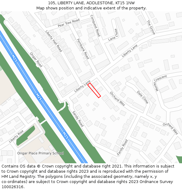 105, LIBERTY LANE, ADDLESTONE, KT15 1NW: Location map and indicative extent of plot