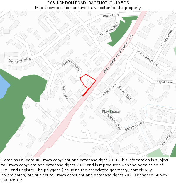 105, LONDON ROAD, BAGSHOT, GU19 5DS: Location map and indicative extent of plot