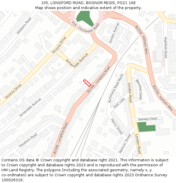 105, LONGFORD ROAD, BOGNOR REGIS, PO21 1AE: Location map and indicative extent of plot