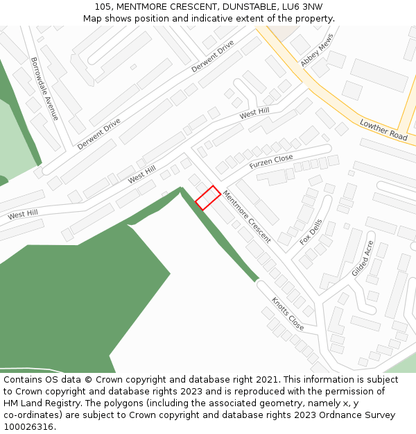 105, MENTMORE CRESCENT, DUNSTABLE, LU6 3NW: Location map and indicative extent of plot