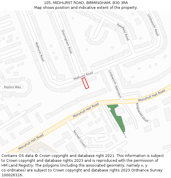 105, MIDHURST ROAD, BIRMINGHAM, B30 3RA: Location map and indicative extent of plot