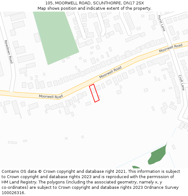 105, MOORWELL ROAD, SCUNTHORPE, DN17 2SX: Location map and indicative extent of plot