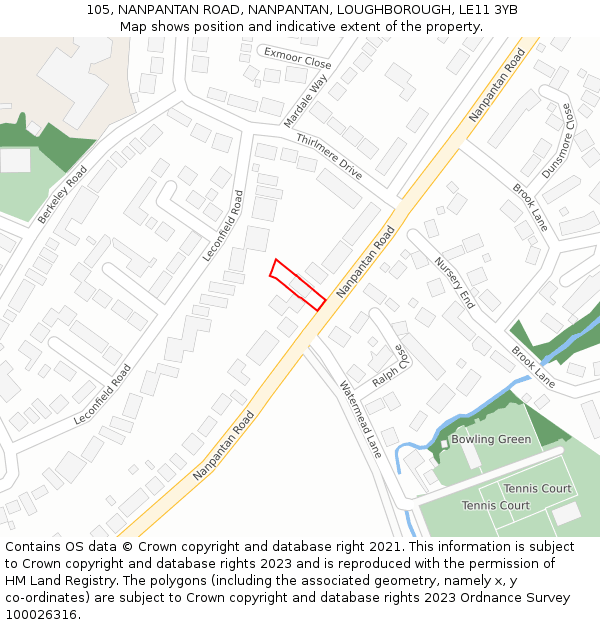 105, NANPANTAN ROAD, NANPANTAN, LOUGHBOROUGH, LE11 3YB: Location map and indicative extent of plot