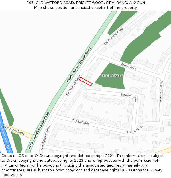 105, OLD WATFORD ROAD, BRICKET WOOD, ST ALBANS, AL2 3UN: Location map and indicative extent of plot