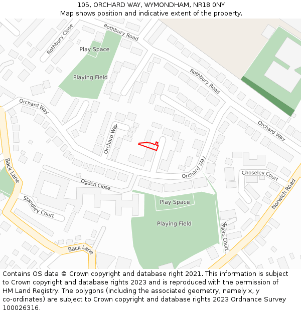 105, ORCHARD WAY, WYMONDHAM, NR18 0NY: Location map and indicative extent of plot