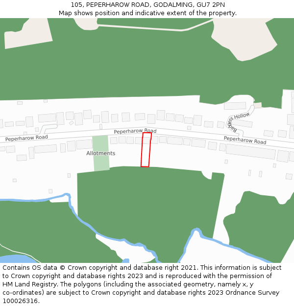 105, PEPERHAROW ROAD, GODALMING, GU7 2PN: Location map and indicative extent of plot