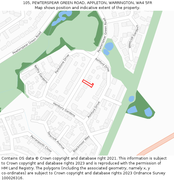 105, PEWTERSPEAR GREEN ROAD, APPLETON, WARRINGTON, WA4 5FR: Location map and indicative extent of plot