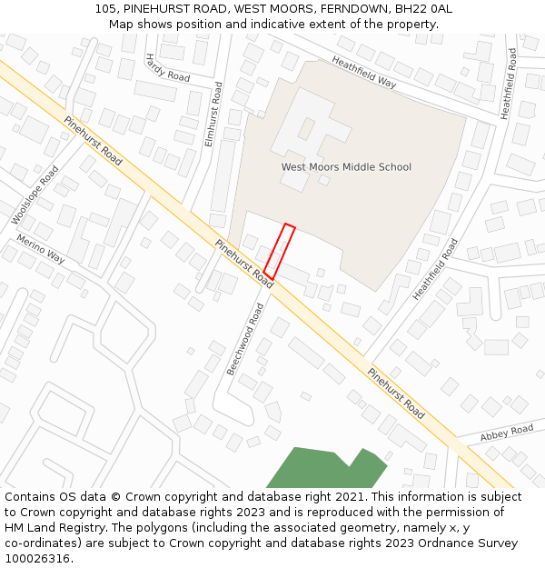 105, PINEHURST ROAD, WEST MOORS, FERNDOWN, BH22 0AL: Location map and indicative extent of plot