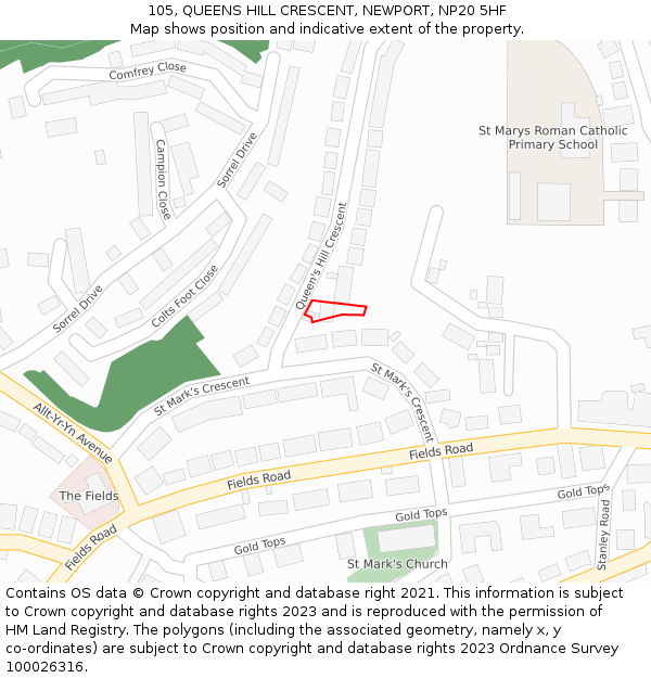105, QUEENS HILL CRESCENT, NEWPORT, NP20 5HF: Location map and indicative extent of plot