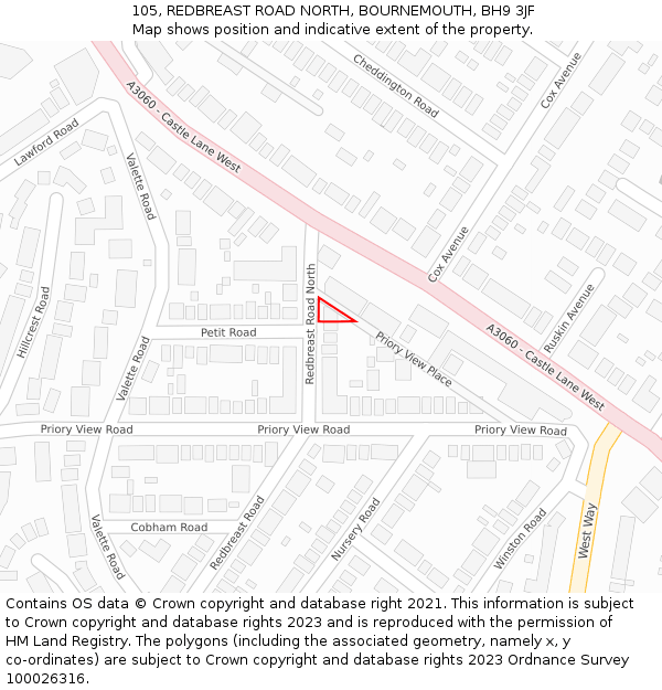 105, REDBREAST ROAD NORTH, BOURNEMOUTH, BH9 3JF: Location map and indicative extent of plot