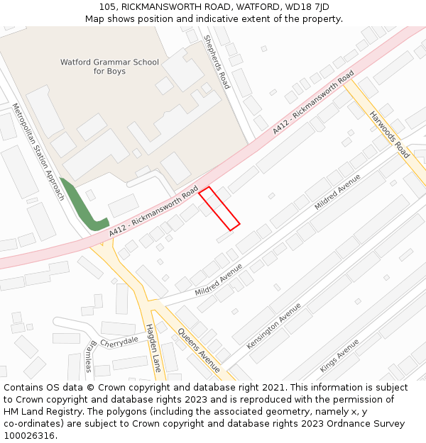 105, RICKMANSWORTH ROAD, WATFORD, WD18 7JD: Location map and indicative extent of plot