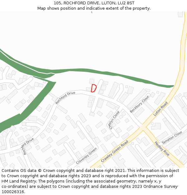 105, ROCHFORD DRIVE, LUTON, LU2 8ST: Location map and indicative extent of plot