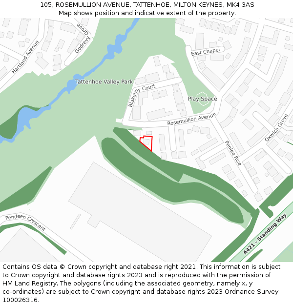 105, ROSEMULLION AVENUE, TATTENHOE, MILTON KEYNES, MK4 3AS: Location map and indicative extent of plot