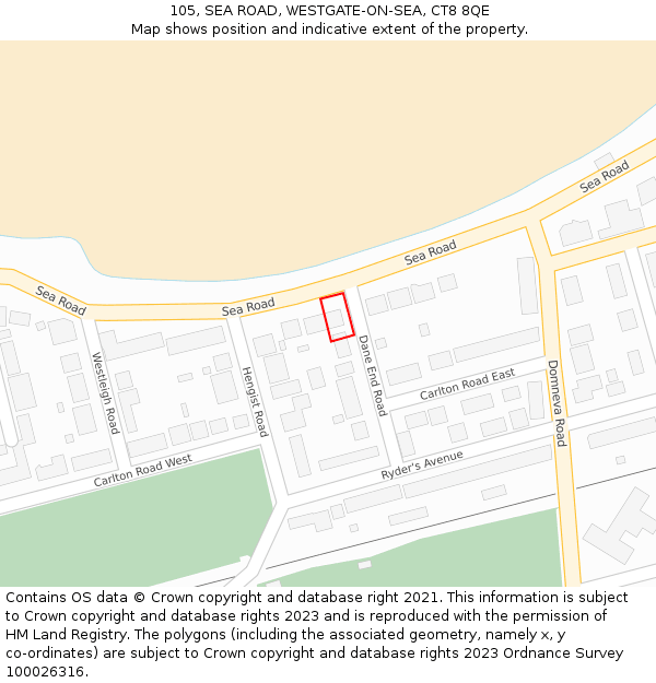 105, SEA ROAD, WESTGATE-ON-SEA, CT8 8QE: Location map and indicative extent of plot