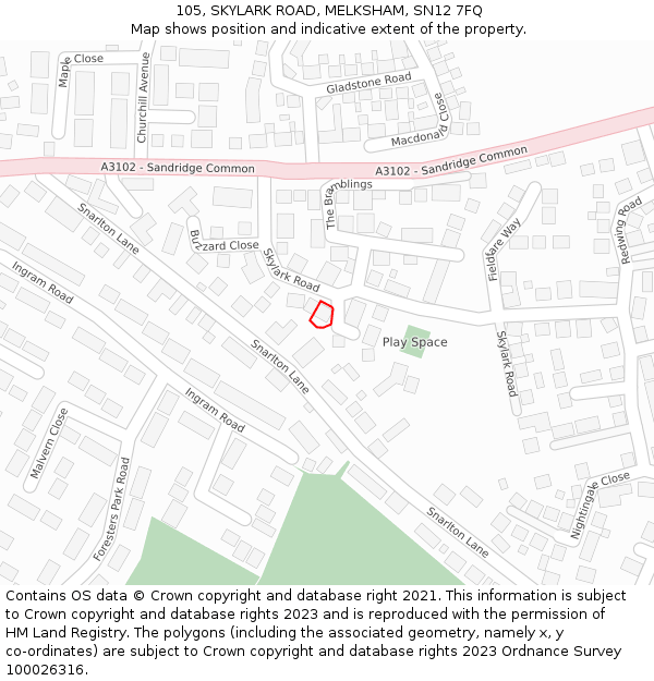 105, SKYLARK ROAD, MELKSHAM, SN12 7FQ: Location map and indicative extent of plot