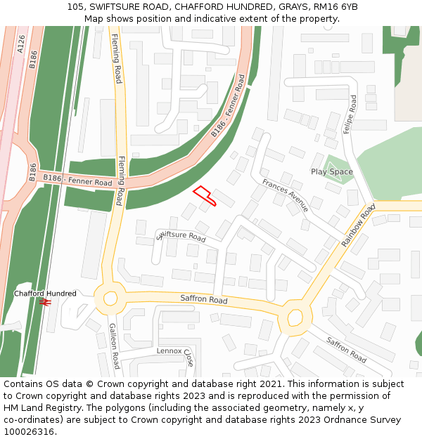 105, SWIFTSURE ROAD, CHAFFORD HUNDRED, GRAYS, RM16 6YB: Location map and indicative extent of plot